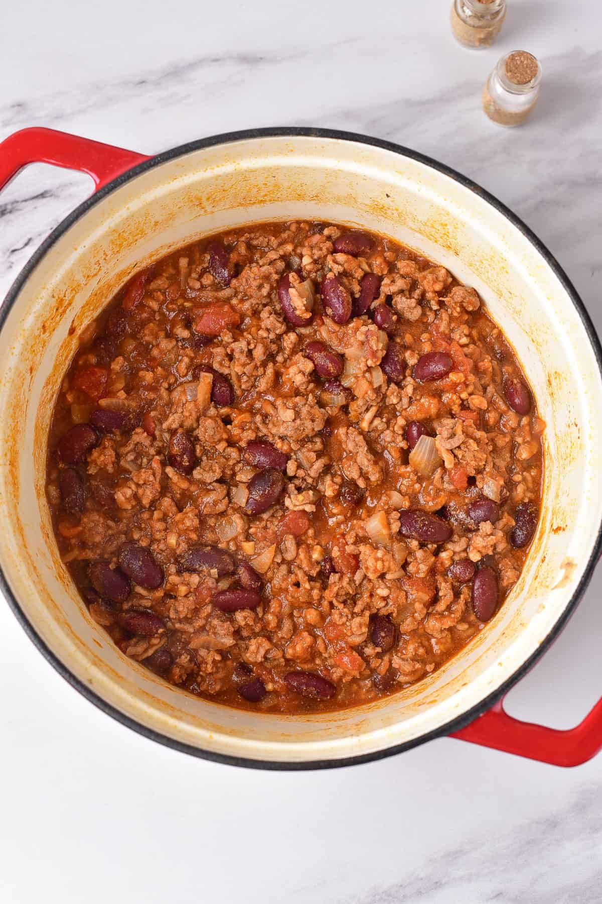 Dutch oven with beef chili.