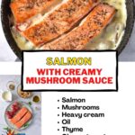 Pan of salmon, list of ingredients and text: Salmon with Creamy Mushroom Sauce.