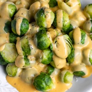 Close up of cheesy Brussels sprouts.