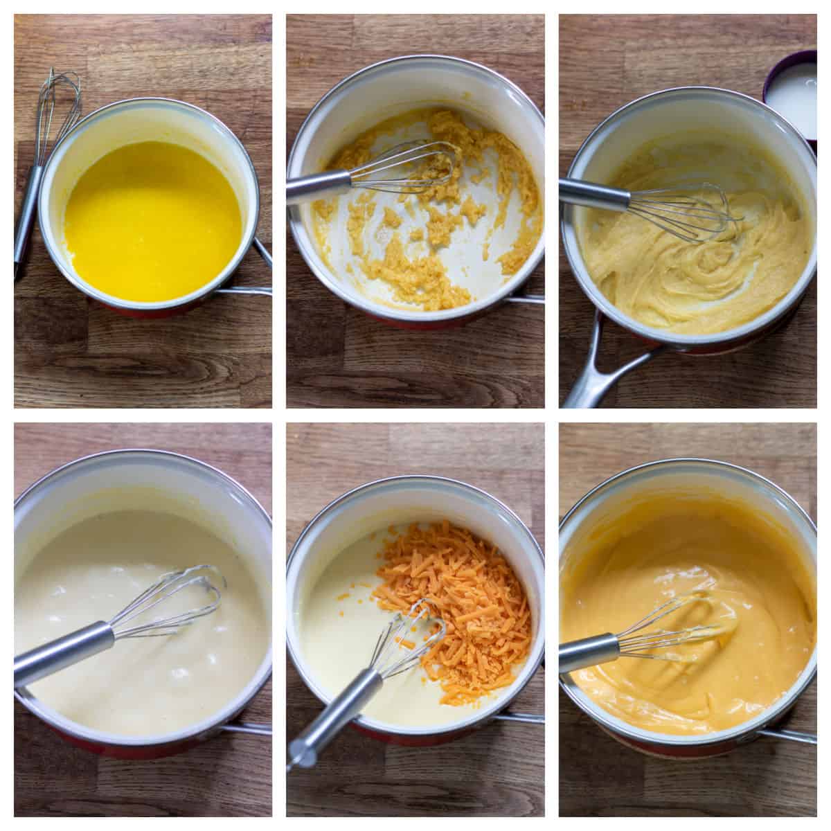 Collage of making cheese sauce.
