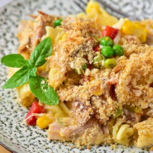 Turkey casserole with pasta, on a plate.