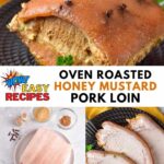 A roasted pork loin, ingredients on a table, and slices of cooked pork.
