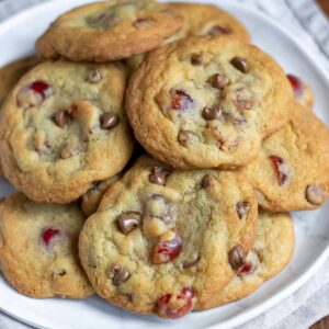 A plate of cherry chocolate chip cookies.