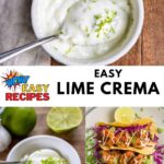 Bowl of crema, picture of fish tacos, and title: Easy Lime Crema.