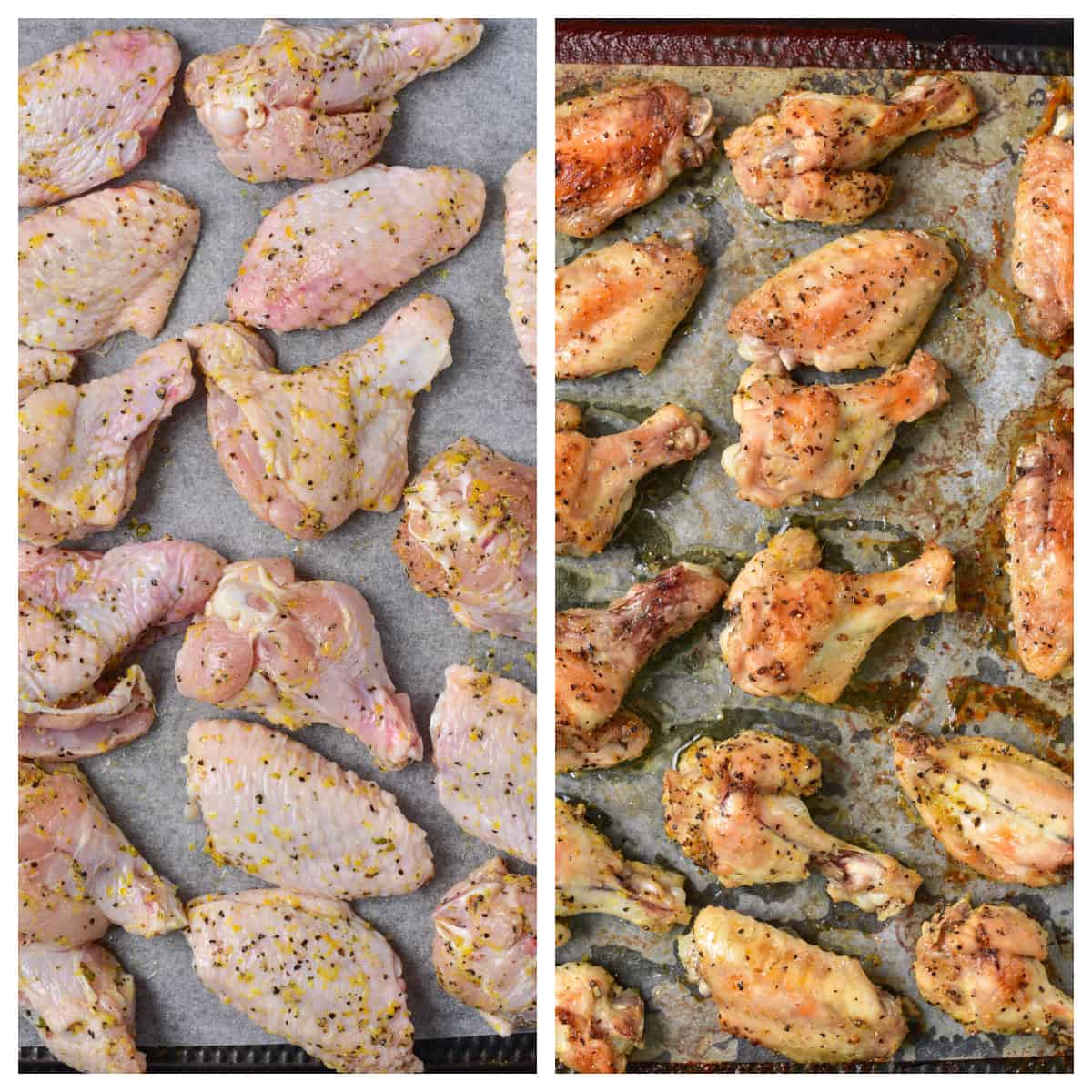 Stages of oven baking wings.