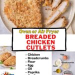 Sliced chicken on a plate, with list of ingredients and text: Oven or air fryer breaded chicken cutlets.