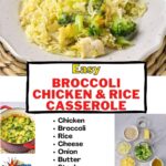 Casserole on a plate, with list of ingredients and title: Easy Broccoli, Chicken, and Rice Casserole.