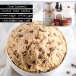 Bowl of dough, list of ingredients and title: Easy Edible Chocolate Chip Cookie Dough.