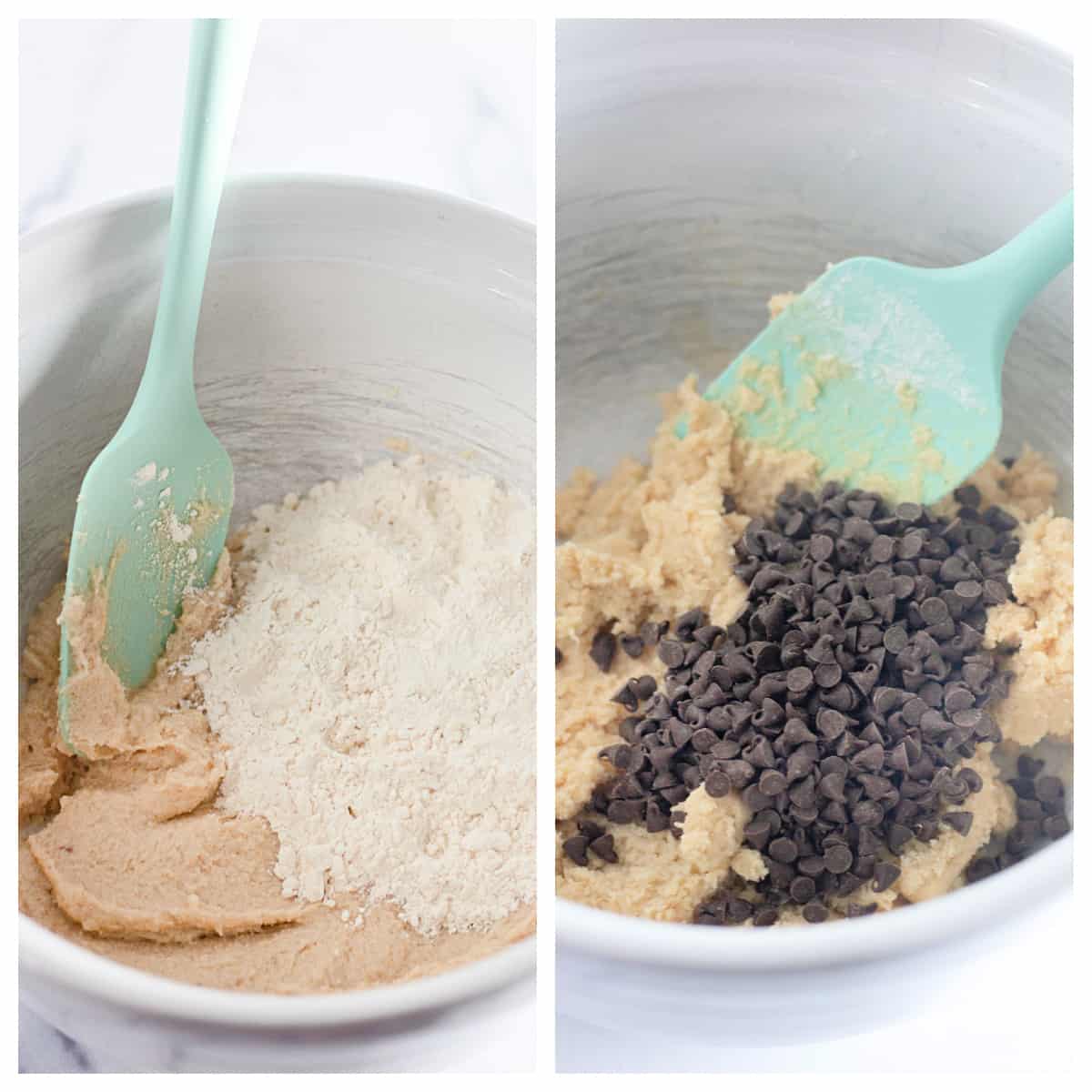 Mixing in the flour and chocolate chips.