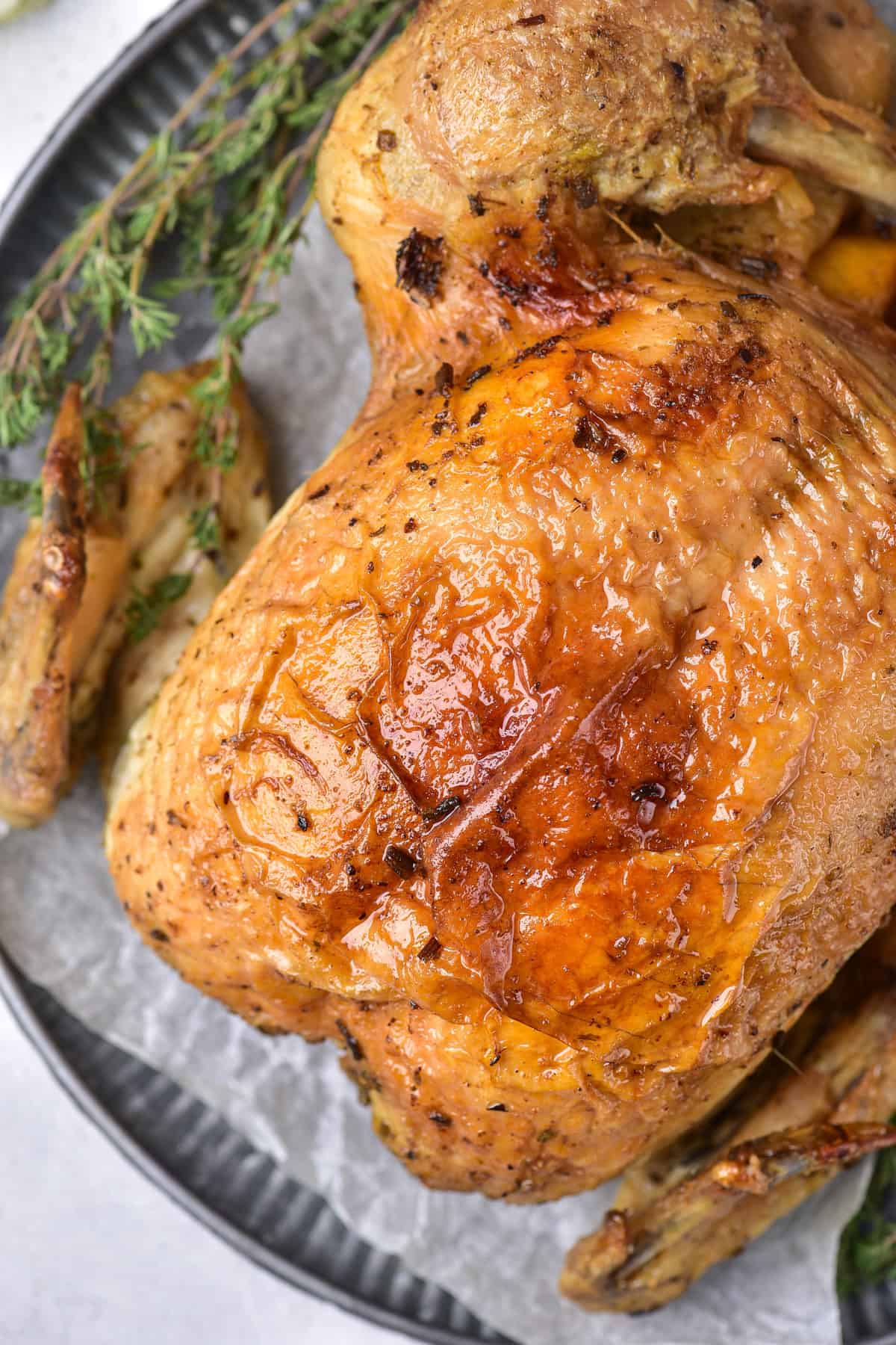 Close up of roasted chicken.