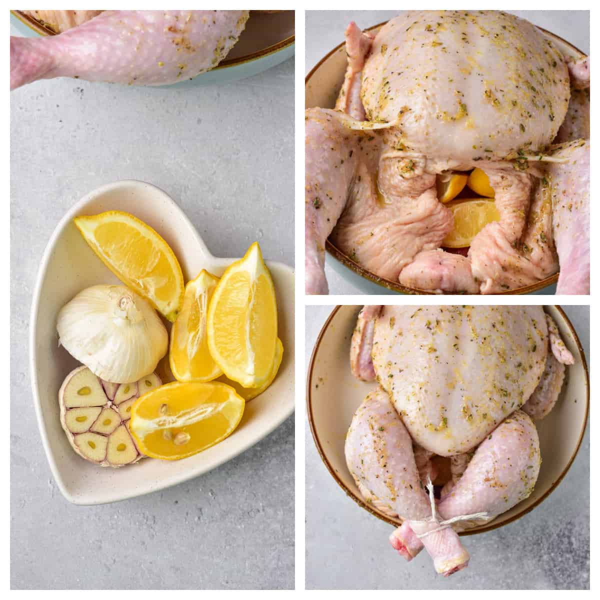 Cut lemons and garlic, and stuffed into the chicken cavity.