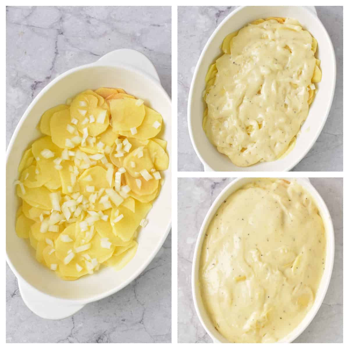 Stages of layering sliced potatoes and cheese sauce.