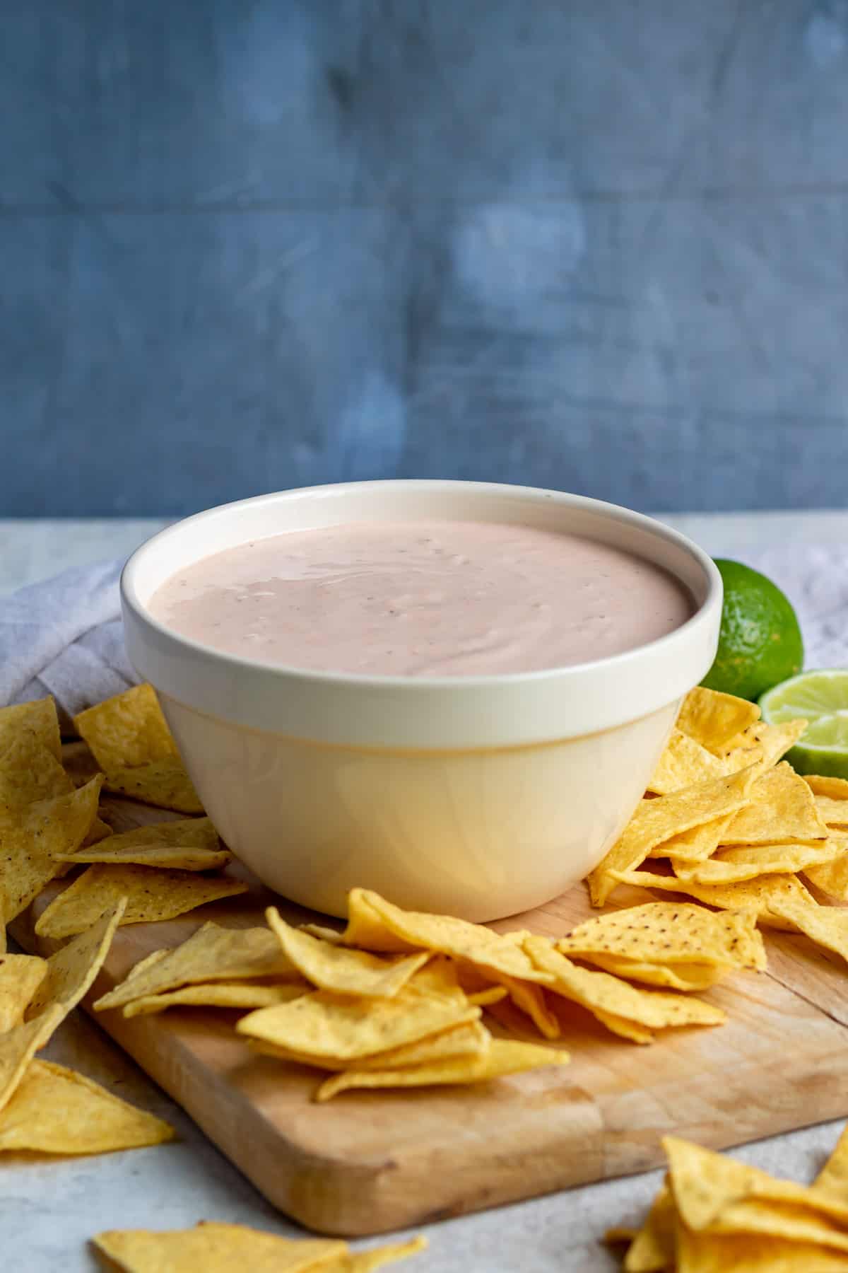 Side view of a bowl of dip.