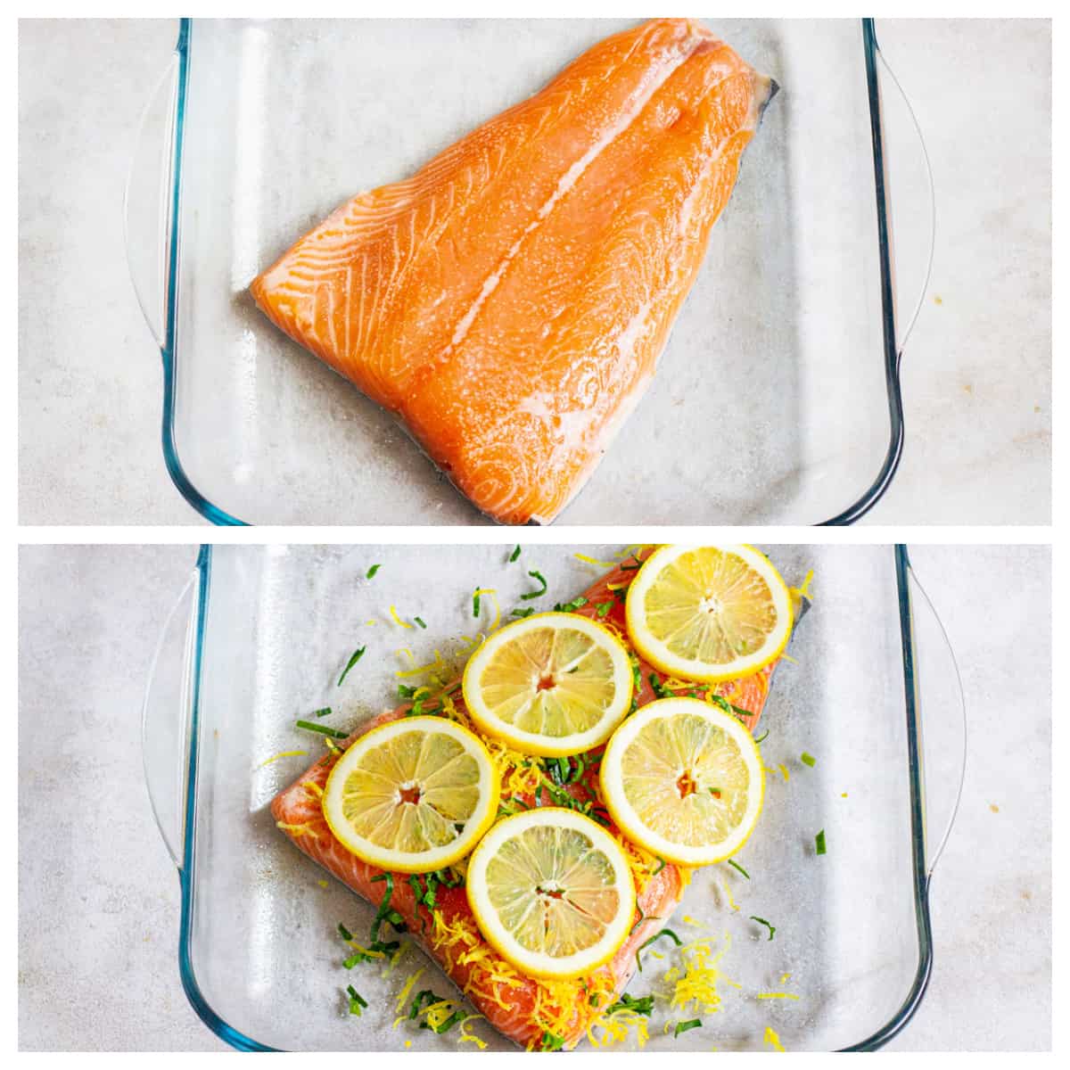 Salmon fillet in a baking dish, and topped with Old Bay Seasoning, lemon and herbs.
