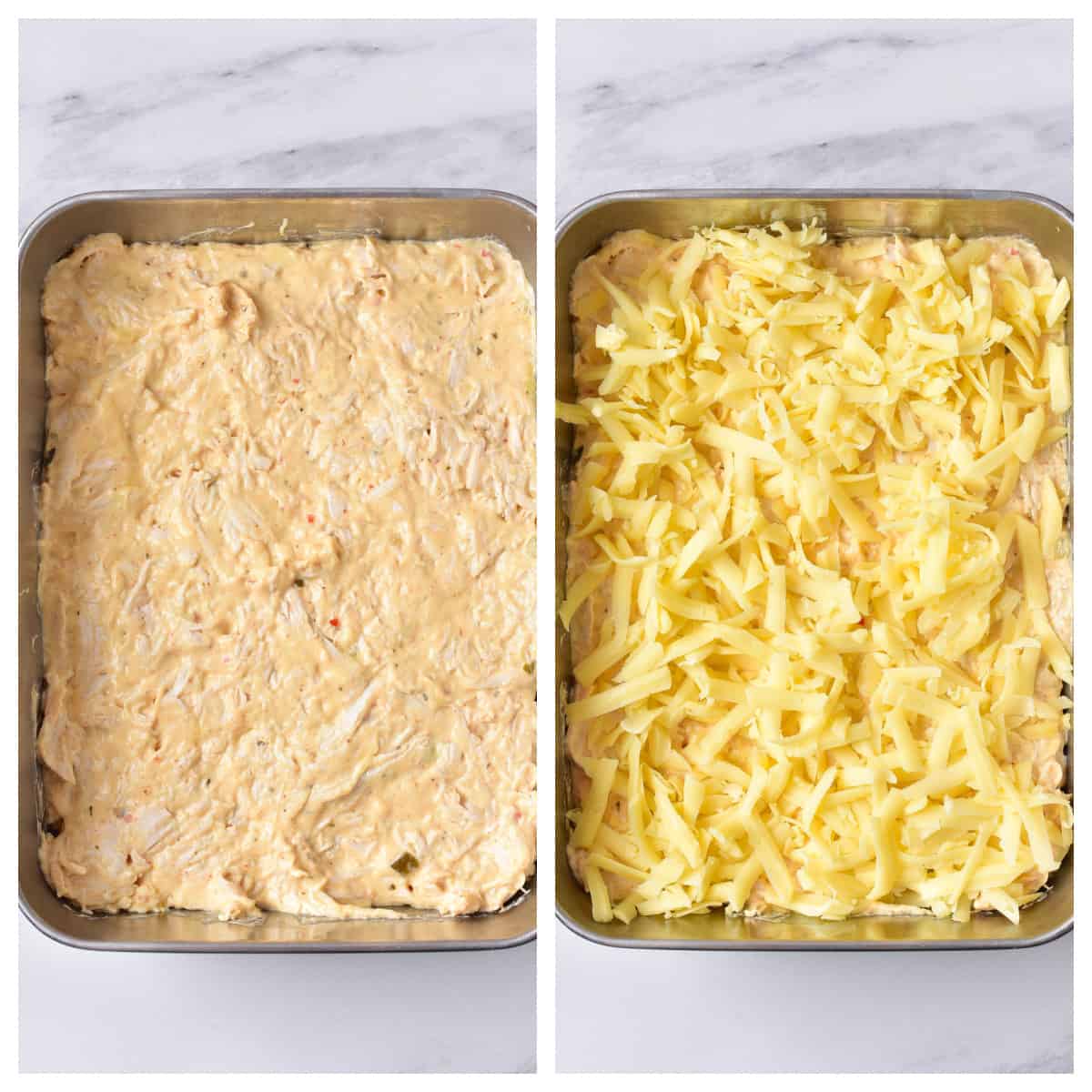 Dip spread into baking dish, and topped with cheese.