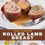 Slices of roasted rolled lamb, ingredients on a table, and text: Slow Roasted Rolled Lamb Breast.