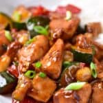 Plate of chicken, with text: Panda Express Copycat Kung Pao Chicken.