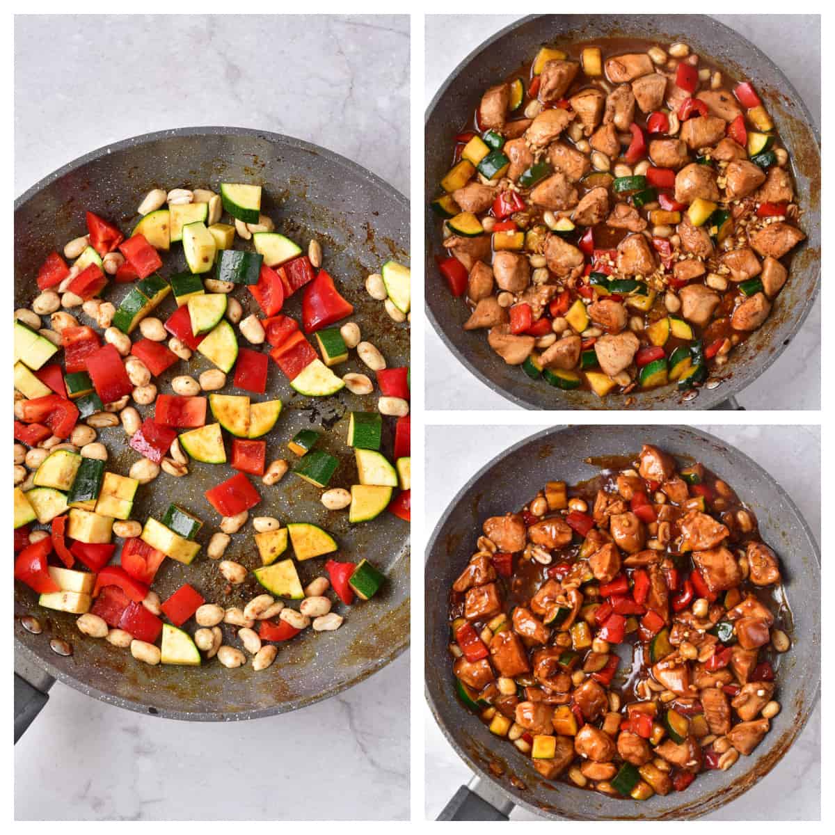 Stages of cooking the vegetables and chicken in the kung pao sauce.